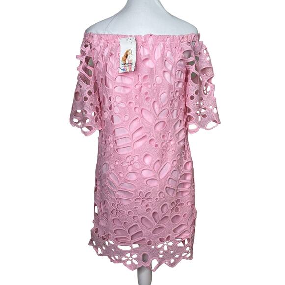 PrettyGarden Pink Off the Shoulder Open Lace Flare Mini Dress Size S NEW - Picture 4 of 10